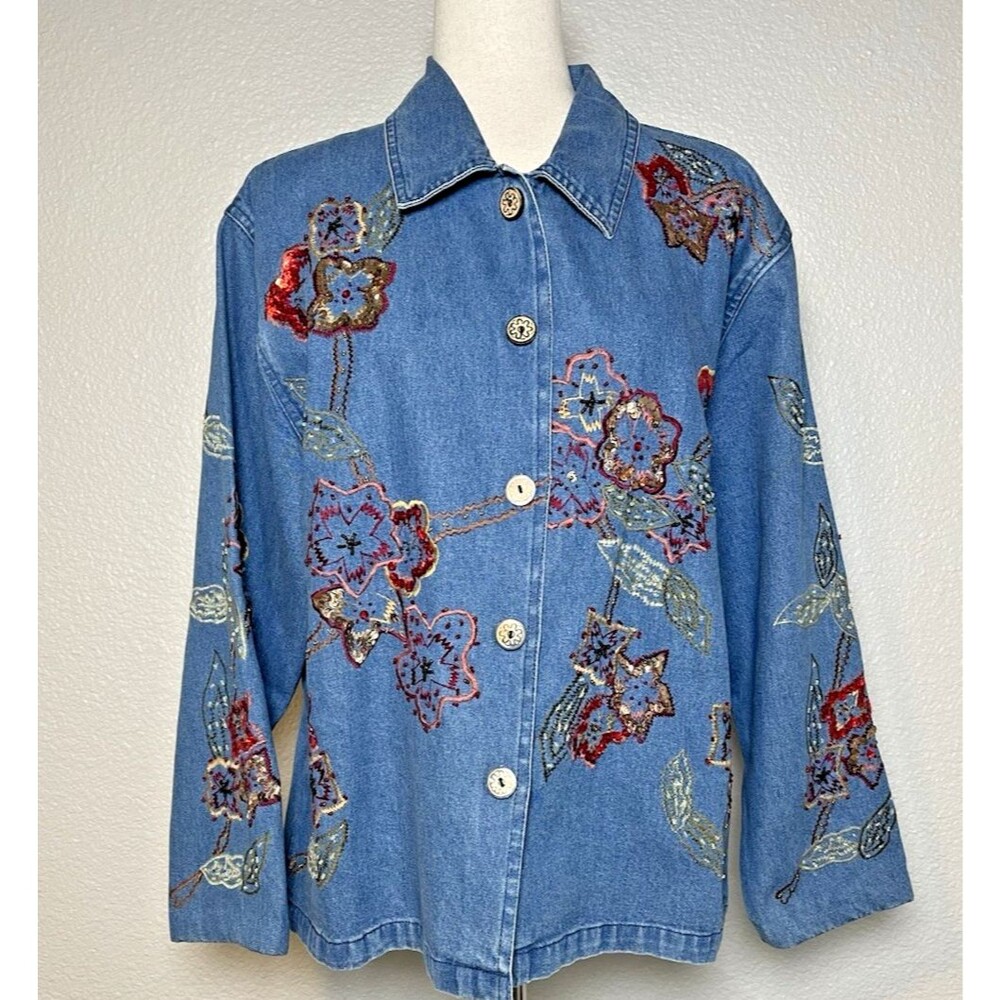 Tantrums womens embellished sequin embroidered jean jacket Large cottagecore - Picture 2 of 8